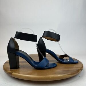 Womens Chloe Two Tone Navy Blue Leather Ankle Strap Sandal Heels Size EU 39 GUC